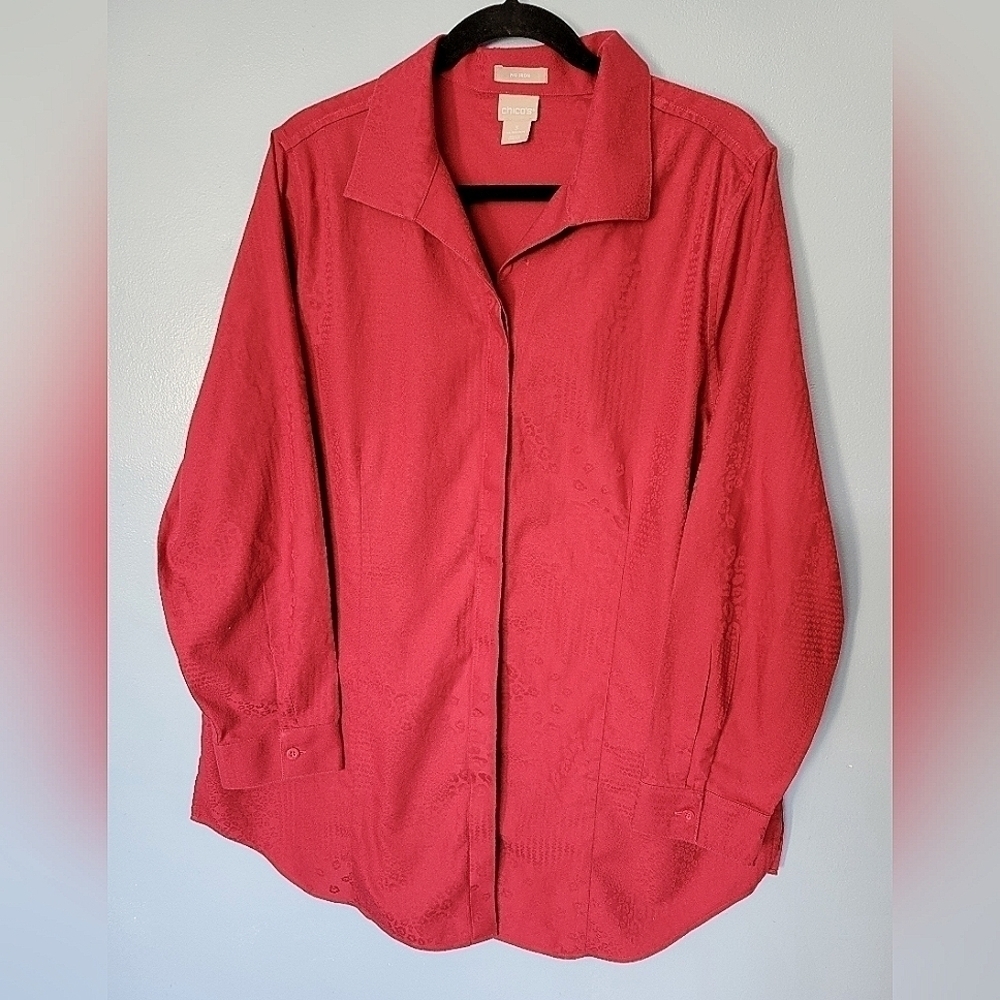 Chico's No Iron Jacquard Shirt in Red S Size 3 US 16/18